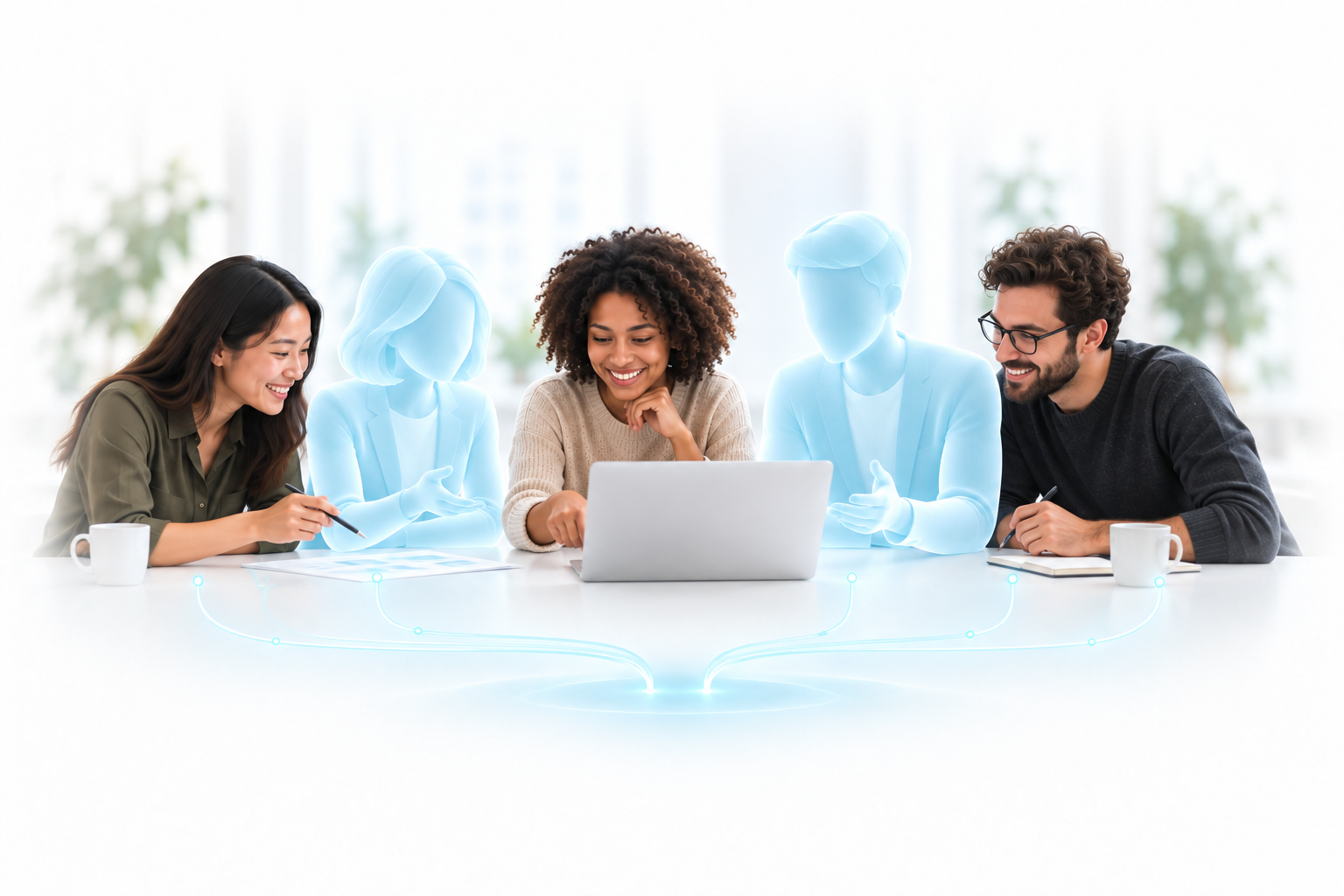 People and softly illustrated AI agents collaborating around the same table on shared work